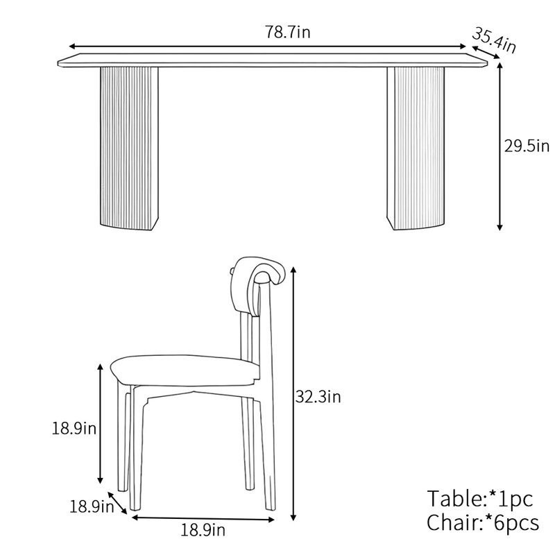 Nordic simple rectangular dining table set, 29.5" H x 78.7" L x 35.4" W