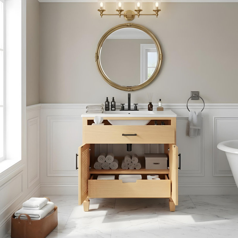 Meuble-lavabo de 36 po avec lavabo, portes à fermeture douce, tablettes réglables et tiroirs, Naturel