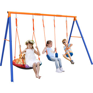 Portique 3 en 1, portique de 550 lb pour l'extérieur, balançoire en métal robuste avec structure en A, cordes réglables pour soucoupe volante