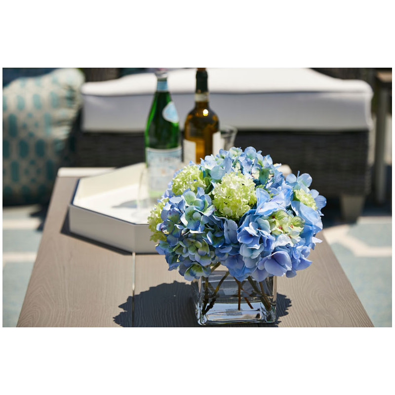 BLOOMS Blue Hydrangeas and Snowballs in Glass Cube Vase