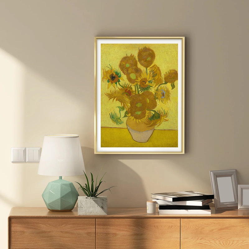 Tournesol, art mural 16 x 12 pouces, impression sur toile encadrée en métal noir inspirée par Van Gogh, Métal noir