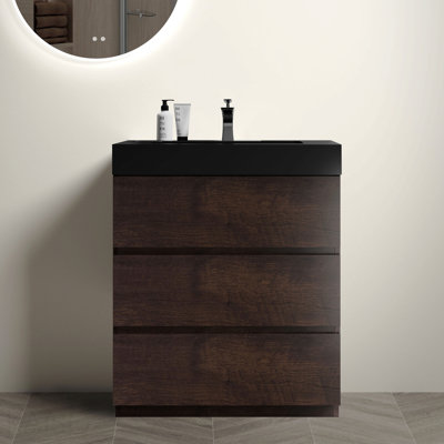 30" Walnut Bathroom Vanity With Sink, Large Storage Freestanding Bathroom Vanity For Modern Bathroom, One-Piece Black Sink Basin Without Drain And Faucet, Pre-Assembled