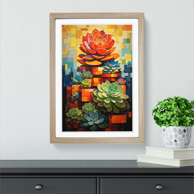 Succulent Constructivism - Single Picture Frame Print on Wood, 64cm H x 46cm W x 2cm D, Oak