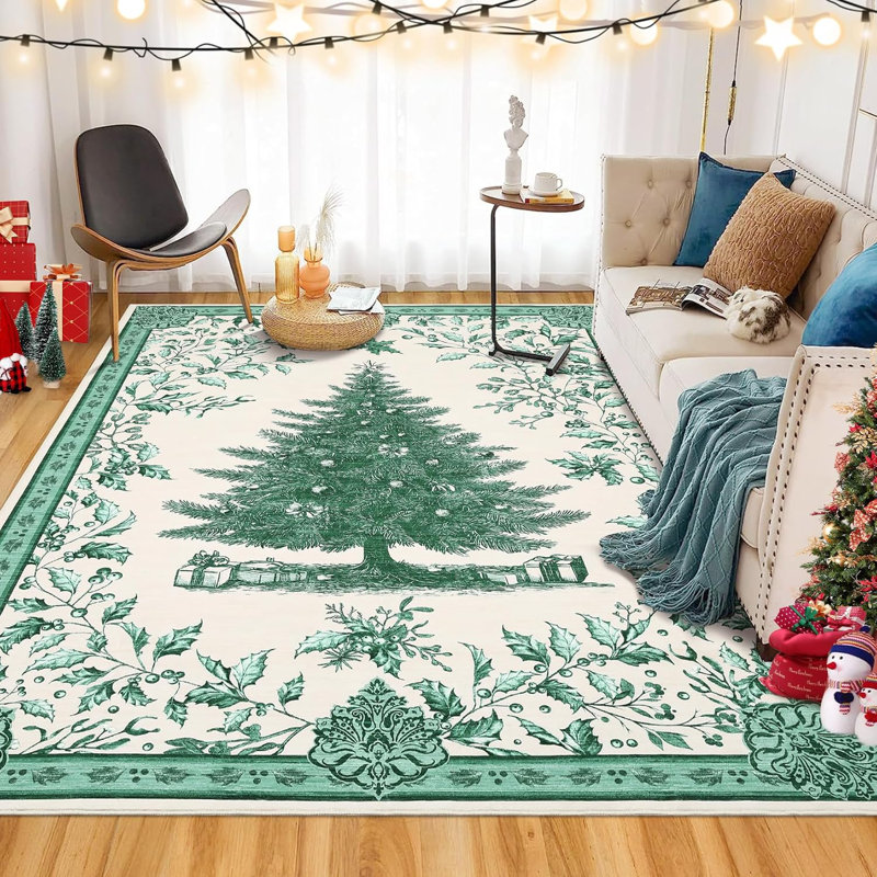 Christmas Tree Print Non-Slip Indoor Rug – Washable Soft Holiday Doormat for Entryway, Kitchen, Bathroom, Bedside -Thin Red Carpet