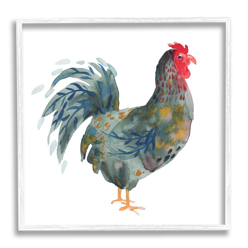 Impression de coq floral encadré sur bois par Claudia Bianchi, H 17 po x l 17 po x P 1,5 po