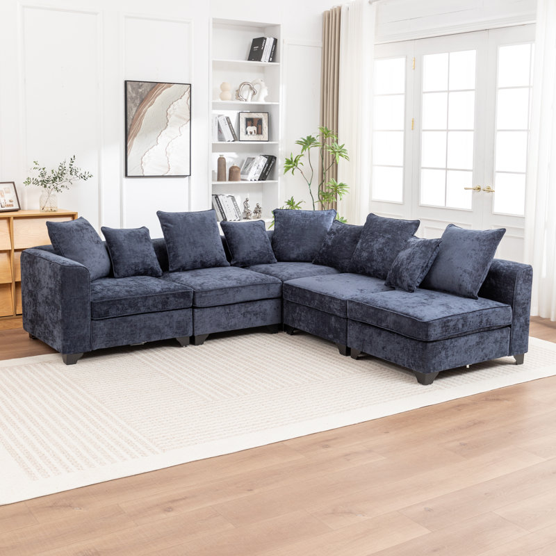 Canapé modulaire en coin 5 pièces Bennett, Chenille bleu