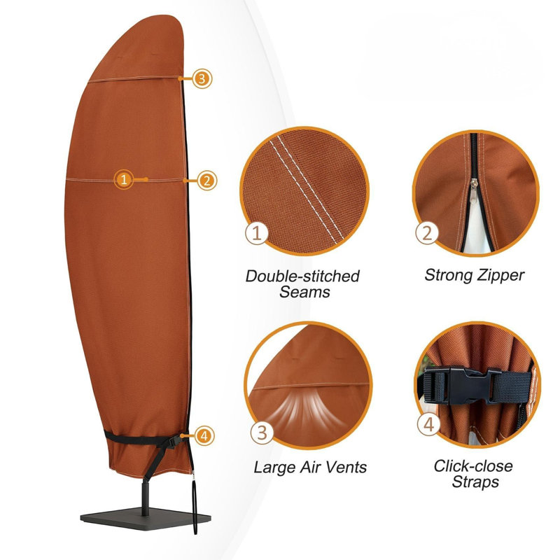 Patio Umbrella Cover Outdoor Waterproof Cantilever Parasol Banana Umbrella Cover Fits 12Ft To 14Ft, Brown