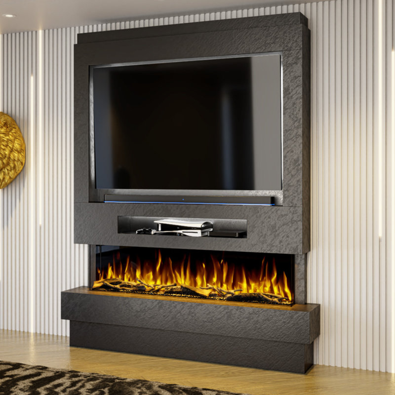 Evolution Fires Pre-Built Media Wall Package 8, finished in textured Venetian Plaster, includes Spectrum Series 60 Series 3-Sided Electric Fireplace
