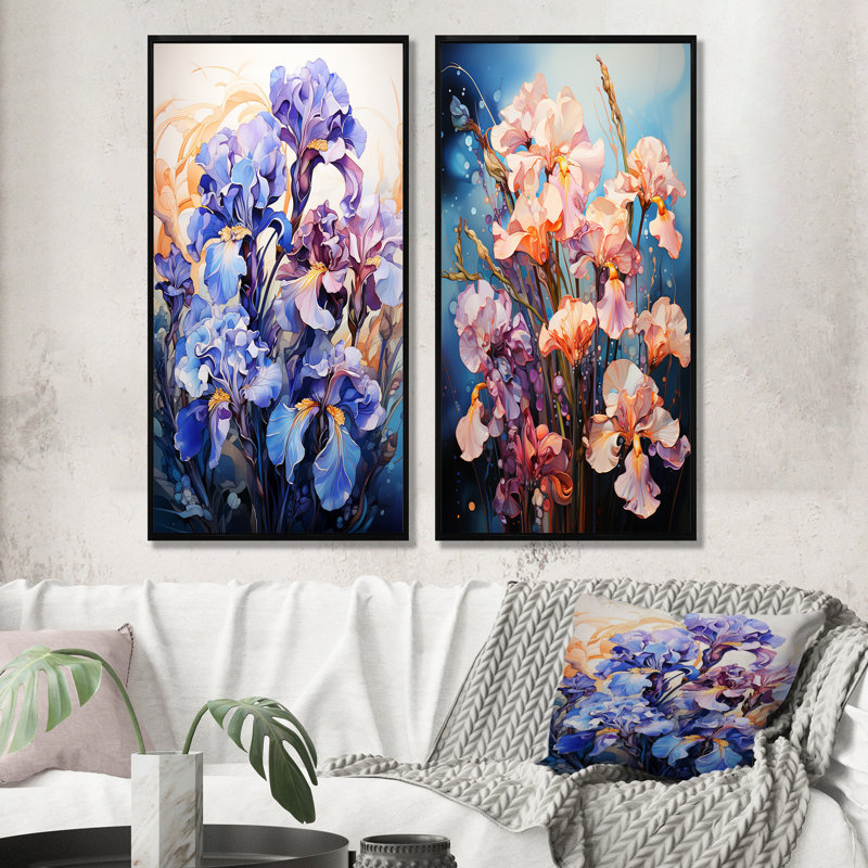«Organic Flow Curved Irises Serenity», ensemble d'art mural sur toile Iris, Cadre noir, H 32 po x l 33 po