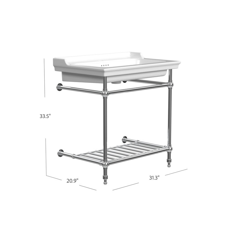 Gloss White Fireclay Rectangular Console Bathroom Sink with Overflow, Single, Chrome