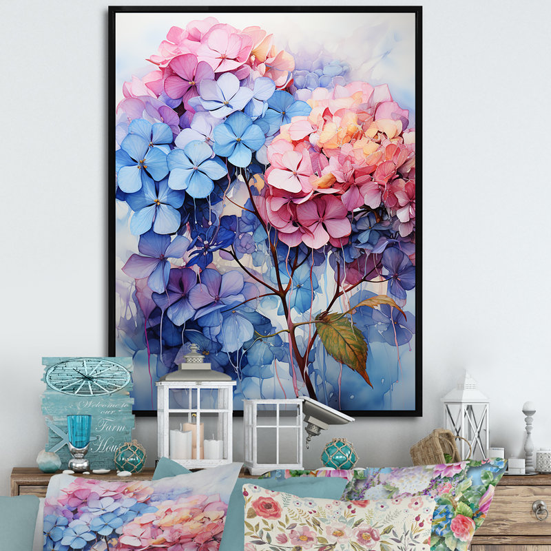 Hortensias en fleurs mauves, H 32 po x l 16 po x P 1 po, Cadre flottant noir