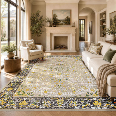 Oriental Floral Area Rug with Gold & Green Design - Traditional Pattern Carpet for Living Room & Bedroom