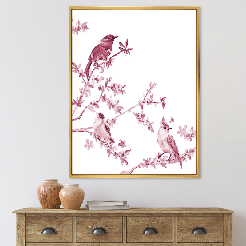 Beaux oiseaux roses - peinture sur toile, H 40 po x l 30 po x 1,5 po, Encadrement doré