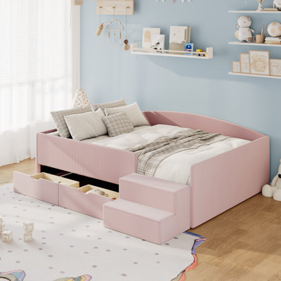 Full Size Upholstered Corduroy Velvet Daybed Frame with 2 Storage Drawers, Platform Bed,  Kids Sofa Bed, Pink