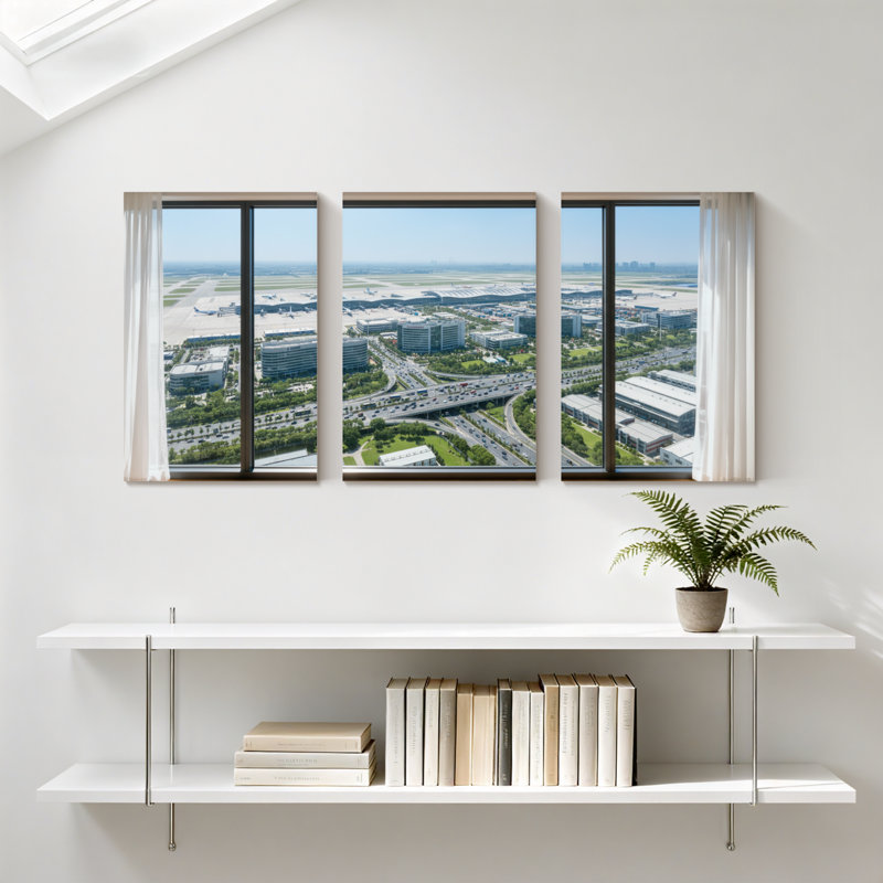 Scénario et paysages urbains, vue de l'aérogare, vue panoramique sur une fenêtre, ensemble de 3 impressions sur toile