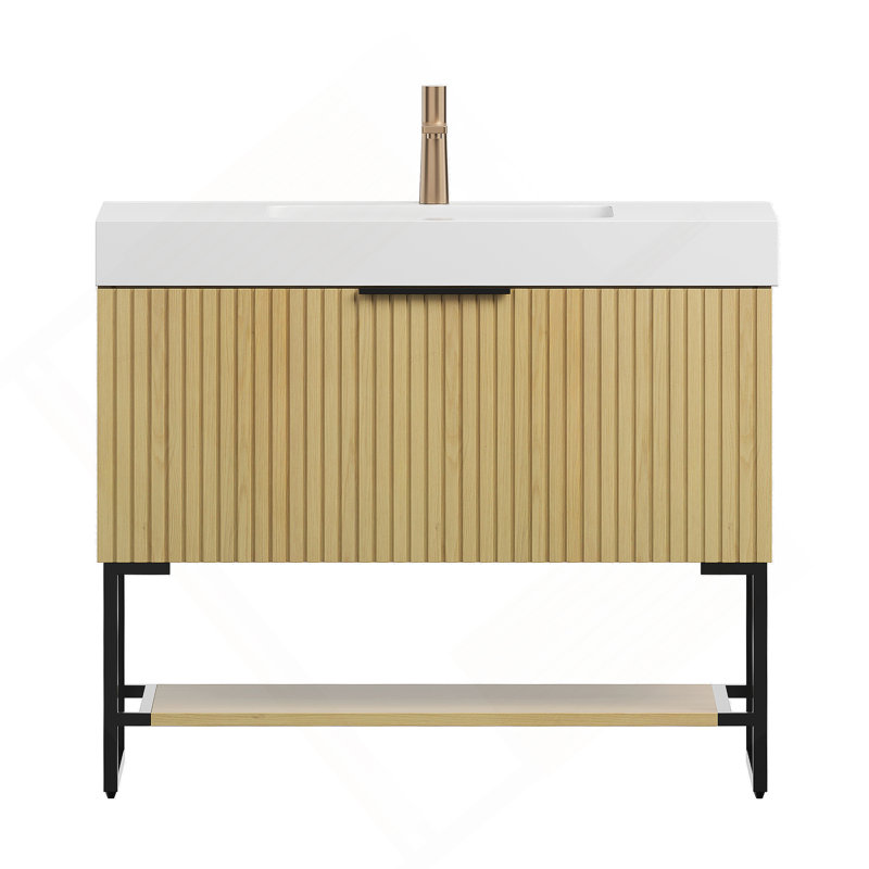 Meuble-lavabo 36 po, armoire de rangement autoportante en contreplaqué rayé avec tiroir et tablette ouverte, lavabo encastré en résine rectangulaire encastré blanc pré-assemblé, couleur grain de bois chêne Corolla