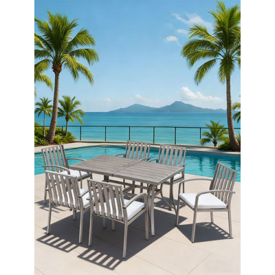 Table de salle à manger en aluminium pour 6 personnes, table de patio rectangulaire avec trou pour parasol 2,2 ", table de salle à manger pour 6 personnes pour terrasse, jardin, bord de piscine, chêne chaulé