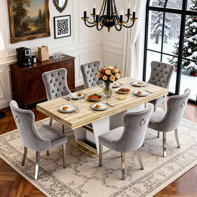 Ensemble de table de salle à manger extensible 63 "à 78,7" avec tablettes de rangement et chaises rembourrées en velours, finition rustique résistante à l'eau, glissade silencieuse, sièges 4-8