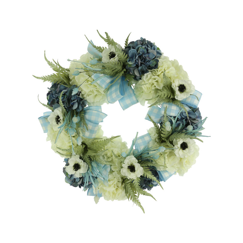 27" Spring Wreath with Anemones, Hydrangeas and Ferns