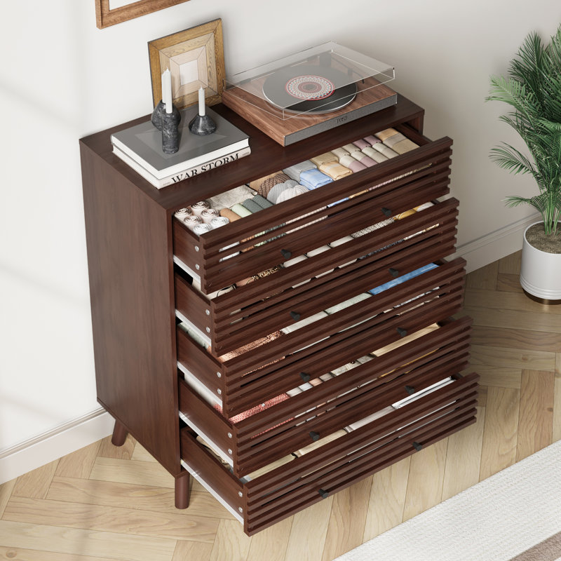 5 Drawers Dresser For Bedroom, Mid Century Modern Slatted Dresser, Wood Chest Of Drawers Organizer For Bedroom, Living Room, Hallway, Closet, Walnut