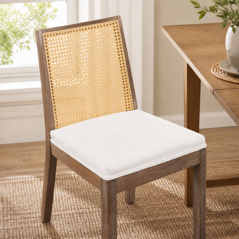 Chaise de salle à manger Mid-Century arquée avec dossier en canne et assise en chenille, beige (ensemble de 2), Beige