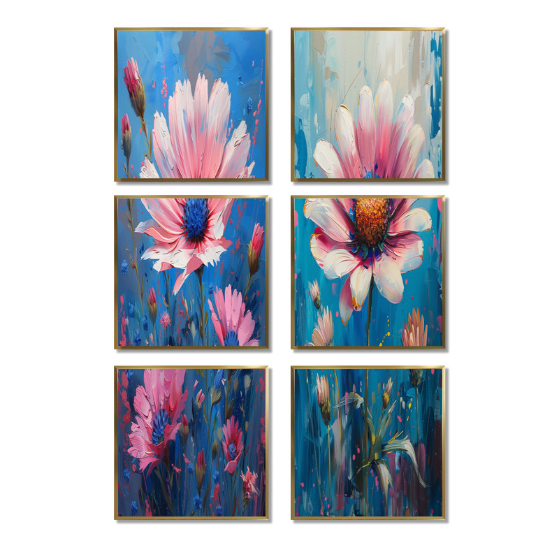 Izora - Ensemble de 6 impressions sur toile de bleuets, Impression encadrée sans passe-partout, Doré