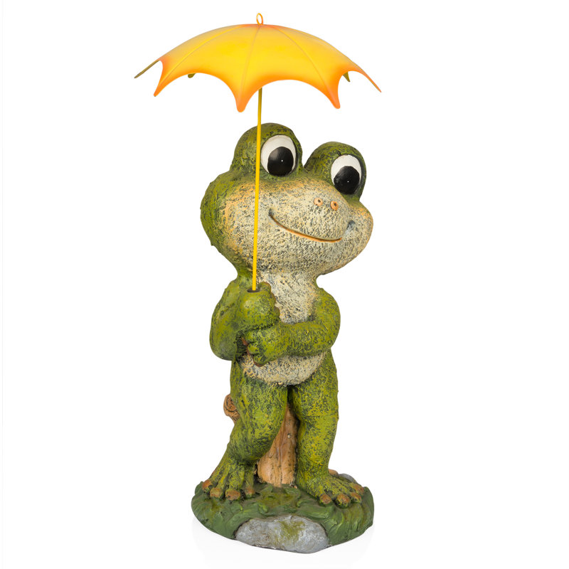 Green Frog Garden Statue with Yellow Umbrella, 23"