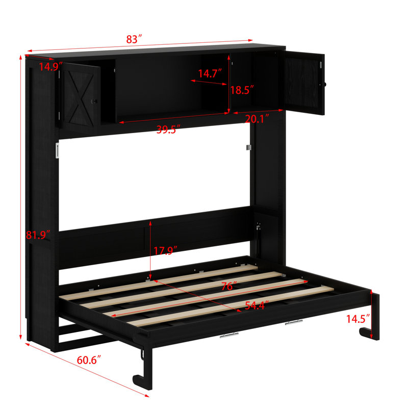 Lit escamotable double pleine grandeur avec tablettes, lit escamotable avec armoires de rangement