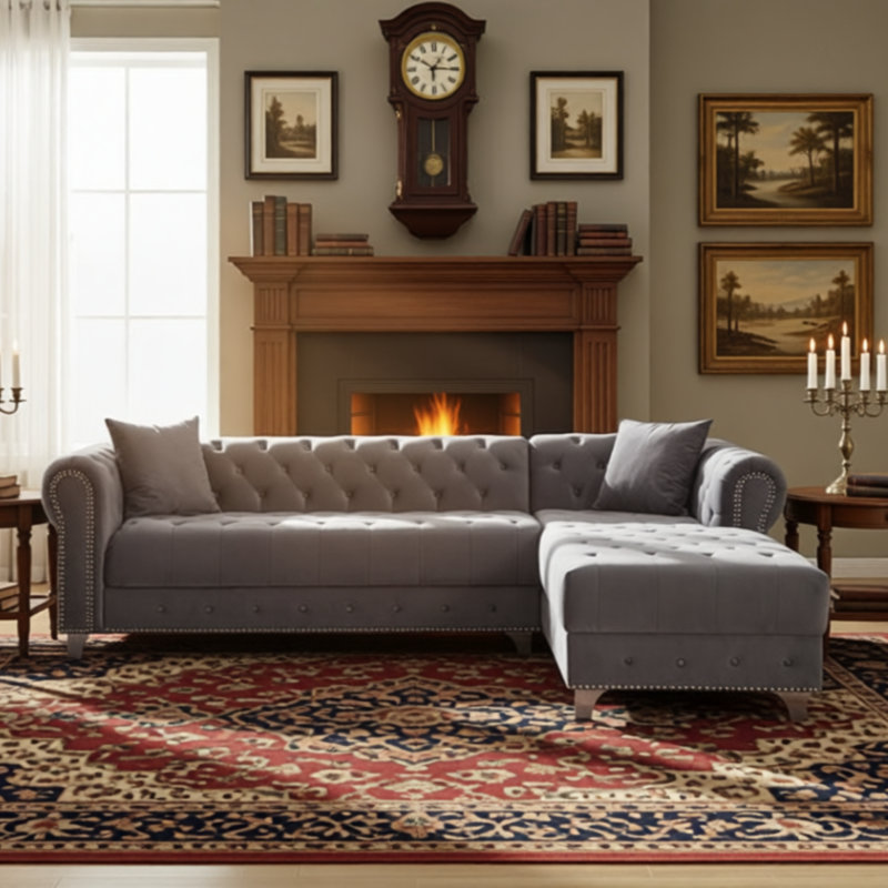 Joannette Polyester Blend Tufted Sofa & Chaise Sectional with Nailhead Trim , Gray Polyester Blend