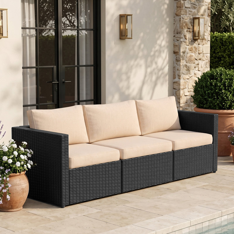Canapé 3 places en résine tressée PE pour terrasse, résistant aux intempéries, avec coussins imperméables et pieds réglables, mobilier spacieux pour jardin, véranda, terrasse, beige