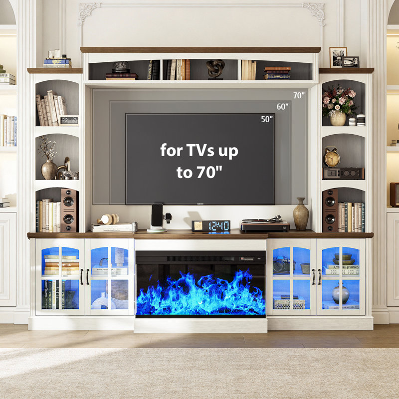 Farmhouse 98"W Wall Unit Entertainment Center With 3-Sided Electric Fireplace Tv Stand For Tvs Up To 70", White, White