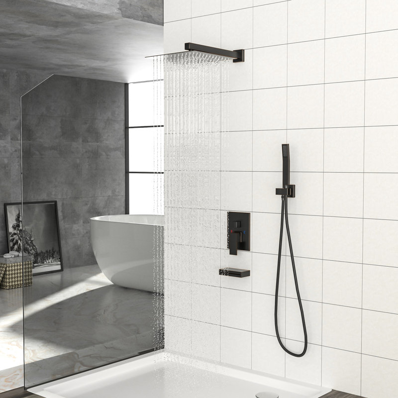 Oil-Rubbed Bronze Shower System - Waterfall Tub Spout, 12" Square Rainfall Head, Handheld, -Balanced, With Spout 12 Inch Oil Rubber Bronze, -Balanced Valve