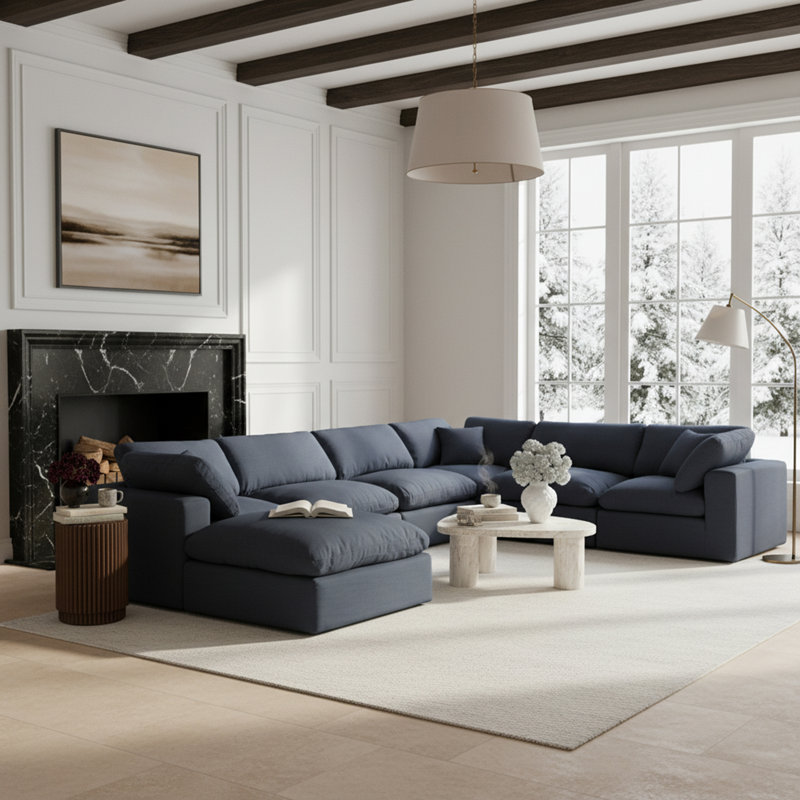 Canapé modulaire 7 pièces 7 pièces, Tissu texturé en lin bleu marine