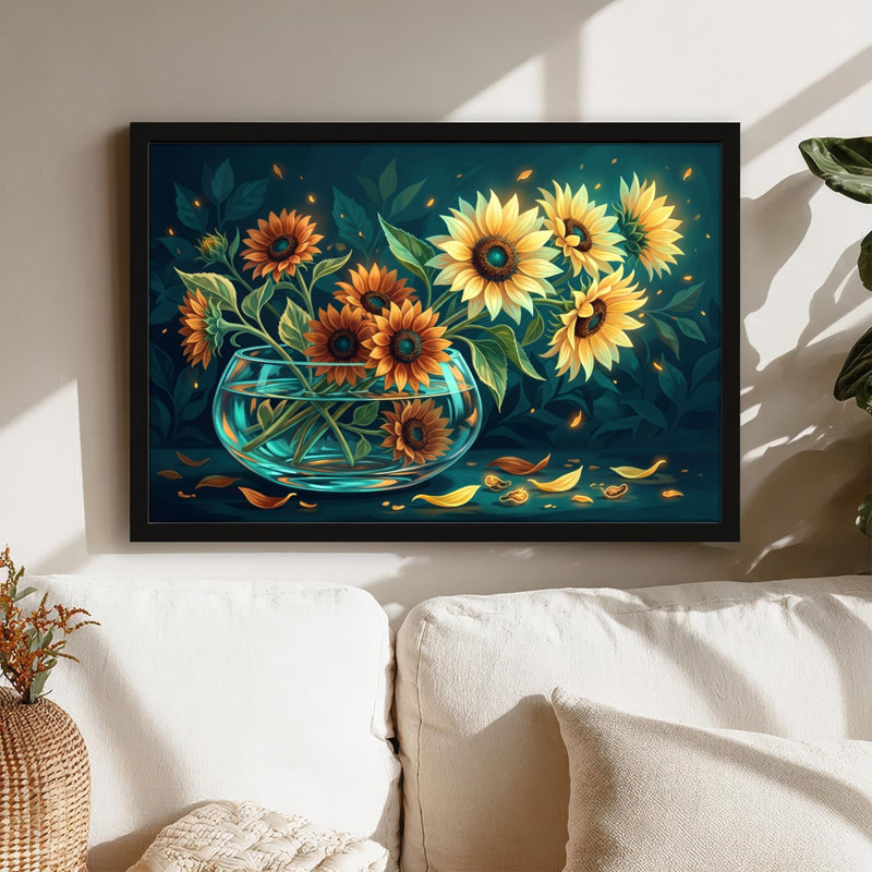 Toile noire encadrée en bois noir pour salon, chambre à coucher, bureau ou vestibule - décoration murale décorative avec vase en tournesol