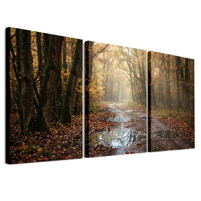 Chemin forestier brumeux d'automne avec reflets de flaques - Ensemble de 3 toiles murales