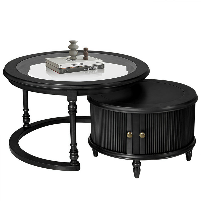 Modern Nesting Coffee Table Set With Glass And Solid Wood Frame