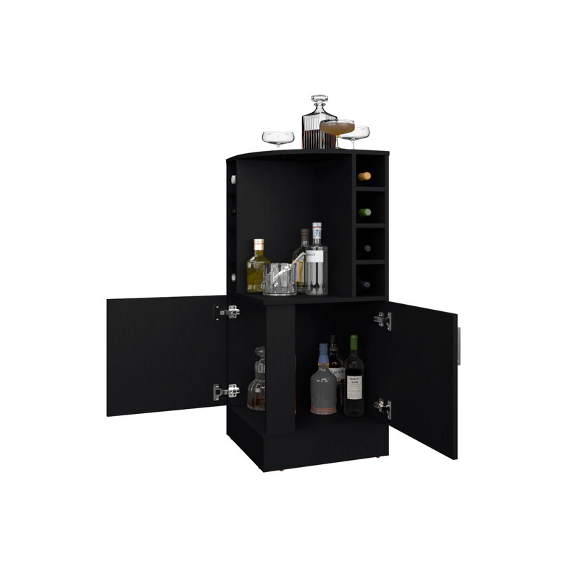 Toyei Corner Bar Cabinet With Bottle Rack, Open Shelves, And Hidden Storage, Black