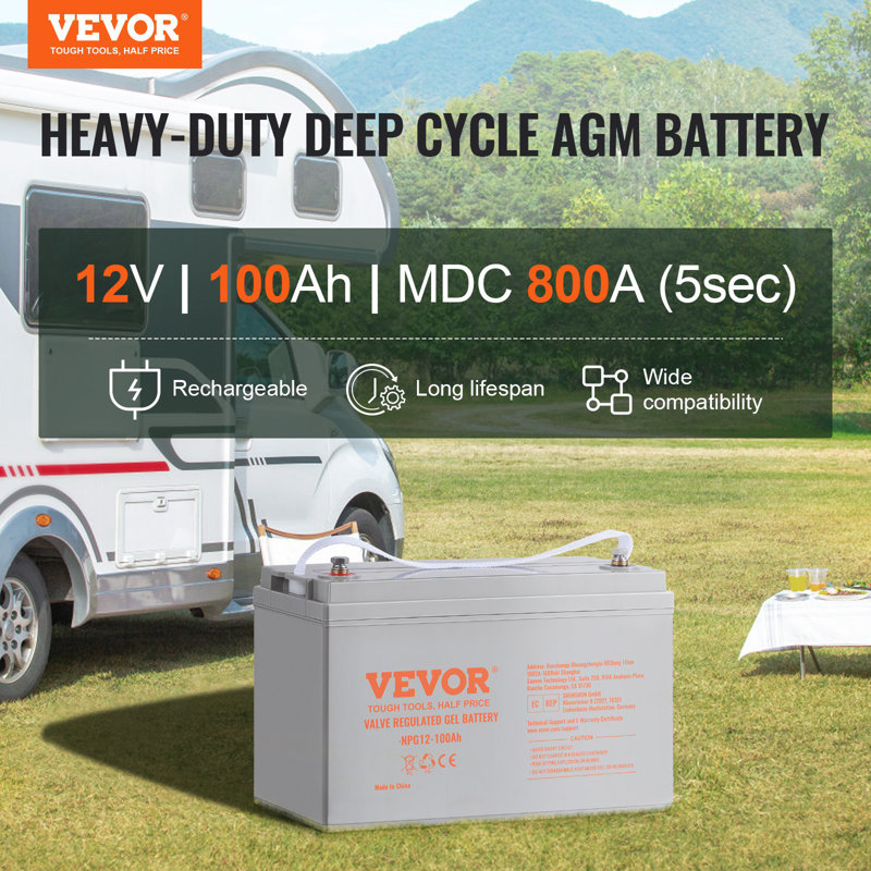 Batterie à cycle profond, 12 V 100 AH, batterie AGM marine rechargeable, courant d'auto-décharge élevé 800 A, pour les applications solaires marines hors réseau de secours