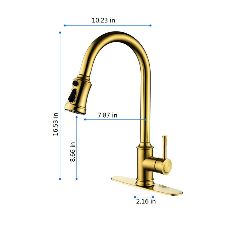 Robinet de cuisine tactile à bouton-poussoir avec douchette rétractable, conception en acier inoxydable doré brossé, bec à grand arc rotatif à 360 °, débit d'eau facile et contrôle de la température, fonctionnalité de traitement de la rouille
