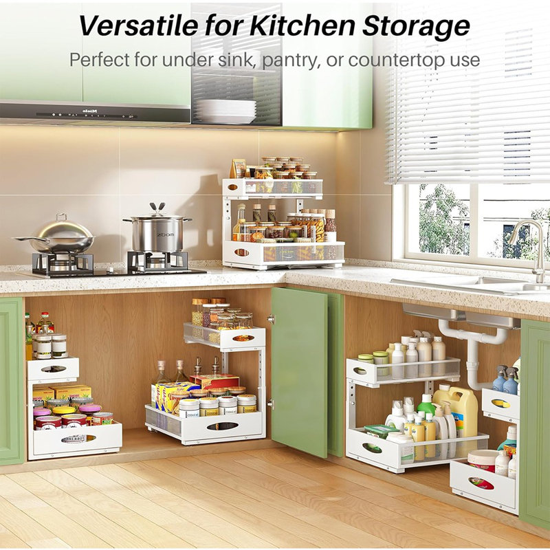 Rangement sous l'évier, ensemble de 2 armoires coulissantes blanches, 2 tablettes coulissantes en métal à 2 niveaux, tiroirs en L réglables en hauteur pour la cuisine, la salle de bain, la buanderie, le garde-manger