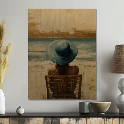 Rêverie marine en bleu - Tableau mural décoratif en bois représentant une femme à la plage