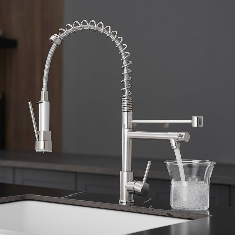 Stainless Steel Kitchen Faucet With Pull-Down, Brushed Nickel, Hygienic Surface, Easy To Use Commercial Unit, Steel, All-Inclusive Function