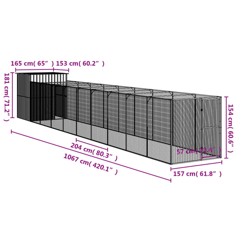 Niche pour chien en métal, H 71,3 po x l 65 po x P 179,1 po, Gris anthracite