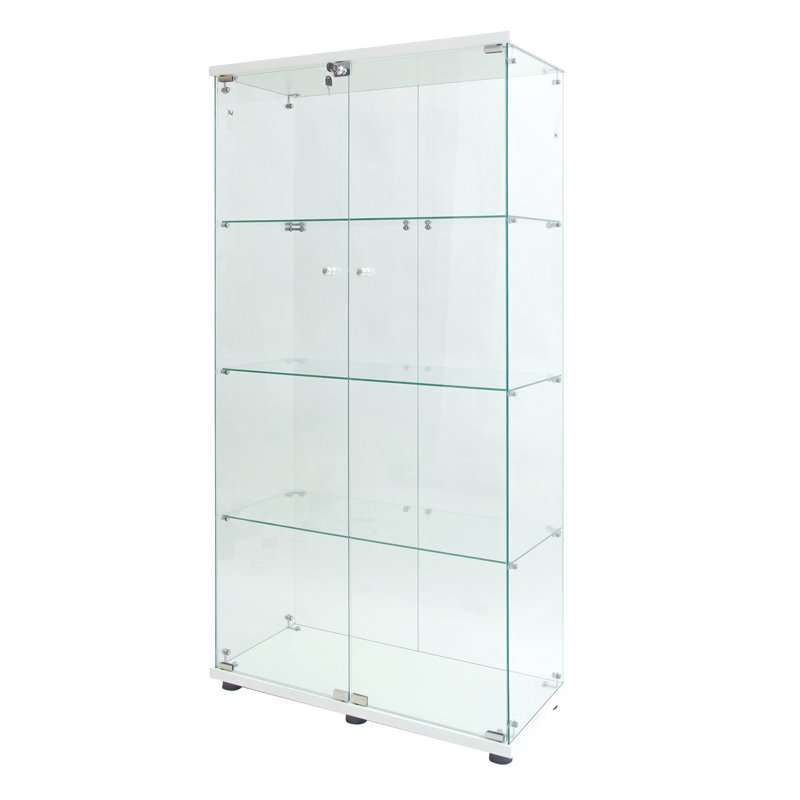 Two-Door Glass Display Cabinet With 4 Shelves & Led Lights - For Living Room, Bedroom, Cabin 64.7"*31.7"*14.3", White Tempered Black Frame And In Strong