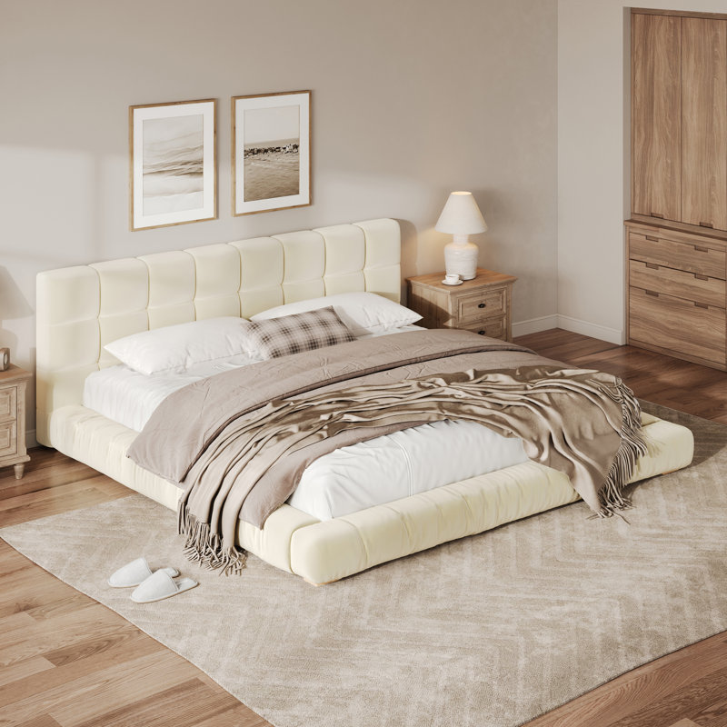 Structure de lit tapissier très grand avec tête de lit capitonnée, support de lattes à profil bas sans sommier beige, Beige