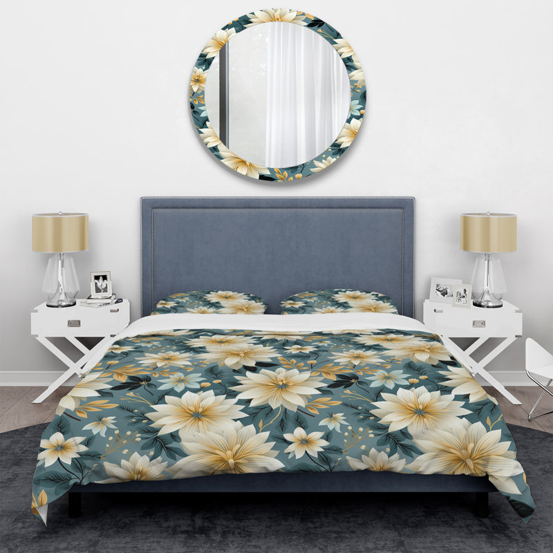 Ensemble de housse de couette floral bleu et doré, Housse de couette pour très grand lit et 2 très