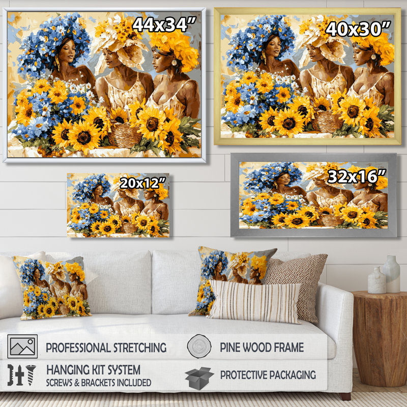 «Blooming Women with Sunflowers In Summer» - Art mural tournesols, H 34 po x l 44 po, Doré