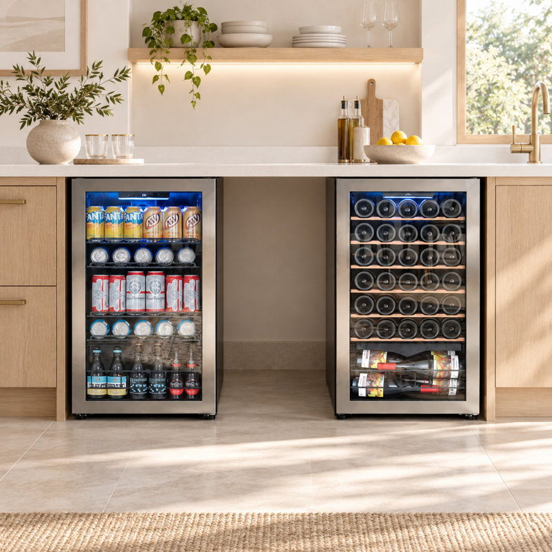 Wine and Beverage Cooler Combo 34 Bottle 130 Cans Freestanding Dual Zone Wine Beverage Fridge with Reversible Door 3-Color LED Light Adjust Shelves(2 units)