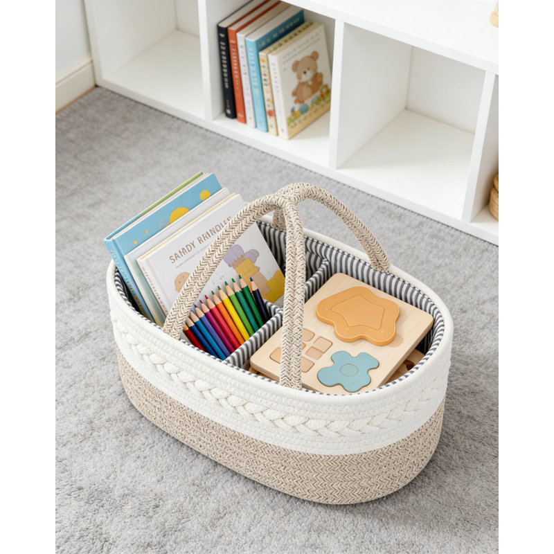 Cotton Organizer, Portable Nursery Storage Basket With Removable Divider For Baby Essentials, Diapers & Wipes, Brown