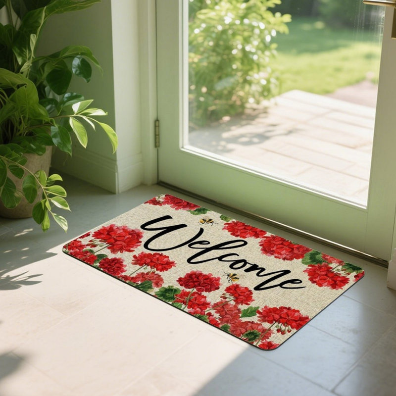 Geranium Bee Welcome Door Mat, For Front Door & Porch, 24" X 36", Red Beige
